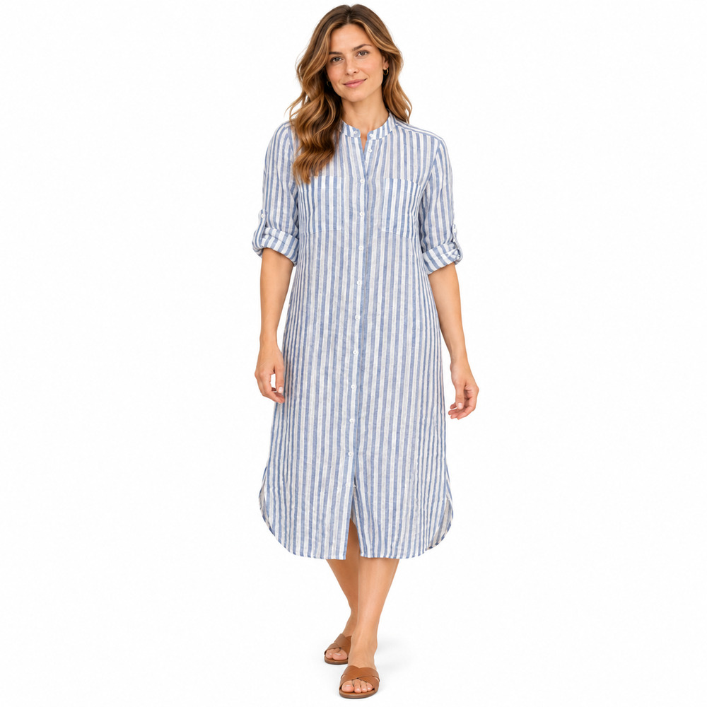 Veronica Beard Blue White Vertical Stripe Roll Tab Sleeve Shirt Midi Dress sz M